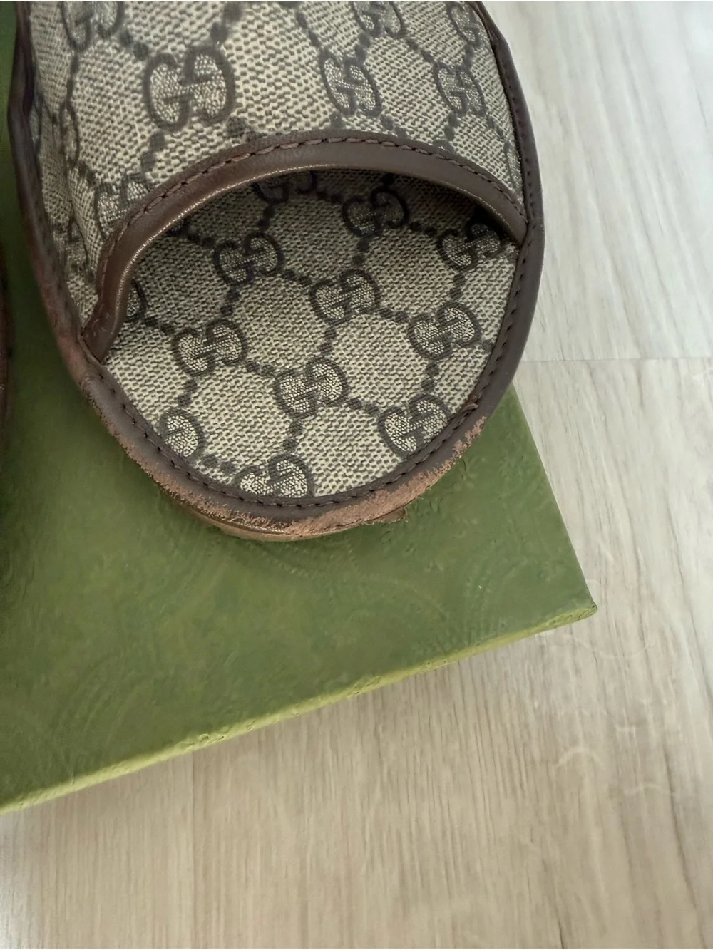 Gucci Beige GG Monogram Slip-On Slides Sandals with Brown Trim